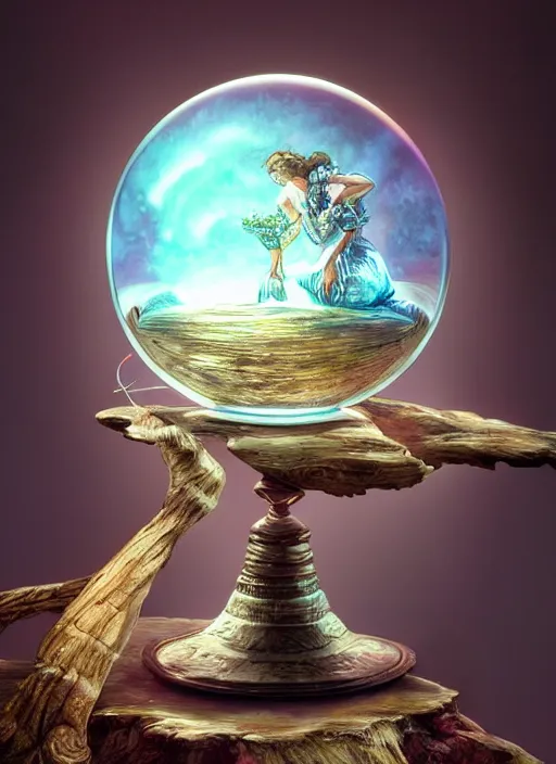 Image similar to crystal ball on a wood stand with a beautiful dreamscape inside, studio product photography, centered, super highly detailed, professional digital painting, artstation, concept art, smooth, sharp focus, extreme illustration, unreal engine 5, photorealism, beautiful, cinematic, art by artgerm and rutkowski and alphonse mucha and loish and wlop