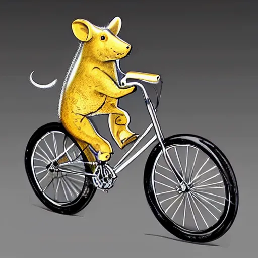 Prompt: a stainless steel bike, made of swiss cheese wheels, a cartoonish rat riding the bike on the surface of the moon and, photorealistic