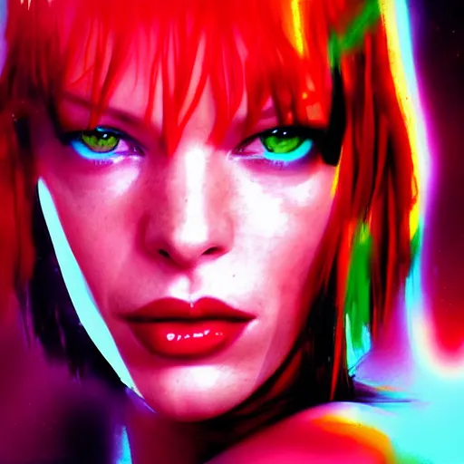 Prompt: milla jovovich as leeloo portrait in the foreground of digital art scifi sharp neon city