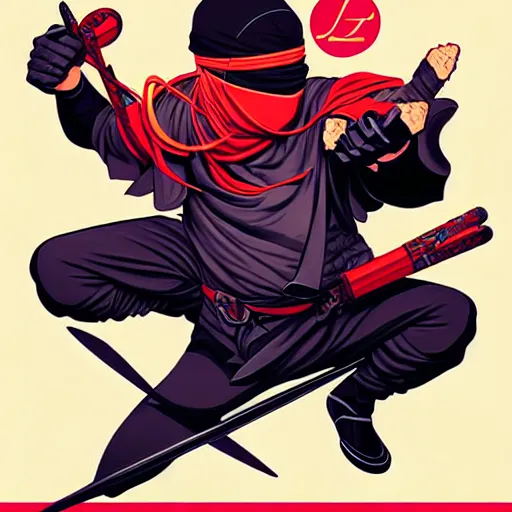 Image similar to concept art design illustration, ninja!!!, 1 6 colors, logo, ink drawing, art by jc leyendecker and sachin teng