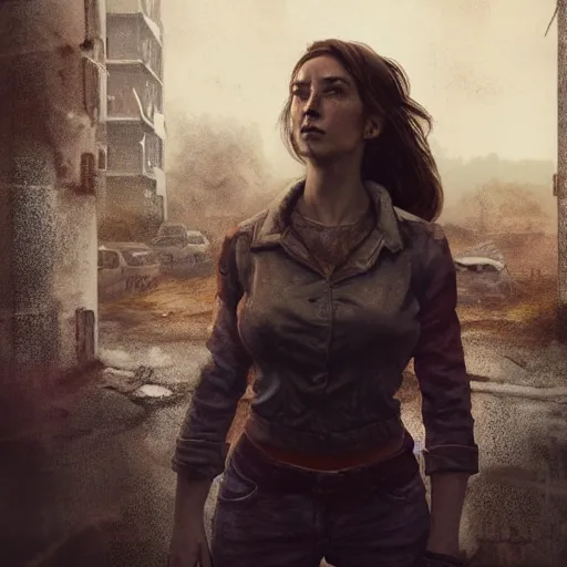 Image similar to fallout 5, charismatic beautiful rugged brunette female protagonist, portrait, outdoors ruined cityscape, atmospheric lighting, painted, intricate, volumetric lighting, beautiful, daytime, sunny, slight overcast weather, sharp focus, deep colours, ultra detailed, by leesha hannigan, ross tran, thierry doizon, kai carpenter, ignacio fernandez rios