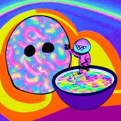 Image similar to dead astronaut floating in a bowl of colorful marshmallow cereal, in a hellish dimension of torment, by Lisa Frank