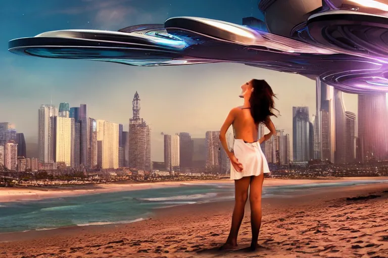 Prompt: a woman on the beach overlooking a massive futuristic ocean city a massive spaceship hovering above a futuristic cyberpunk city slum. led billboards and holograms, flying ships, overpopulated