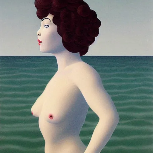 Image similar to very detailed, beautiful painting of bjork levitating above the wavy ocean into a gray sky. shaded. art by rene magritte, 1 9 2 7. oil on canvas.