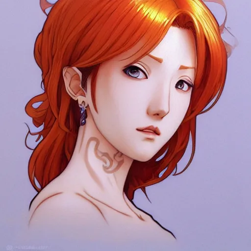 Image similar to intricately detailed vfx portrait of nami from one piece by eiichiro oda, makoto shinkai, alphonse mucha, art by artgerm and greg rutkowski, best of behance, concept art, matte, sharp focus, orange hair, elegant, adolphe bouguereau, annie leibovitz, stanley kubrick, thick outlines,