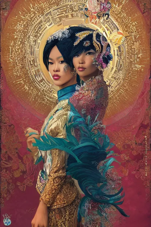 Image similar to portrait of an indonesian supermodels wearing traditional costume, highly detailed, digital painting, artstation, concept art, sharp focus, illustration, art by kittichai rueangchaichan and james gurney and alphonse mucha