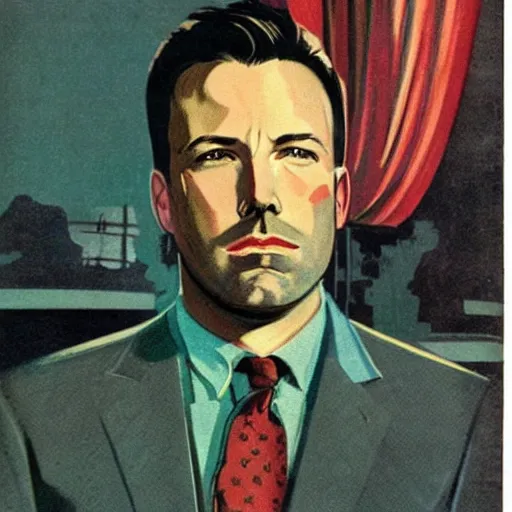 Image similar to “Ben Affleck portrait, color vintage magazine illustration 1950”