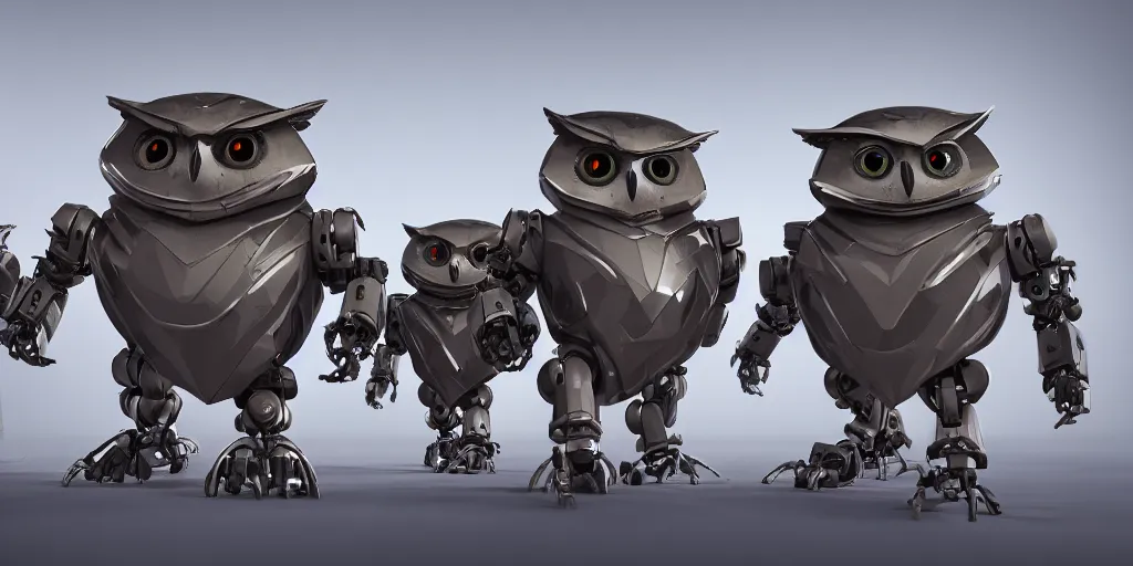 Image similar to an army of evil, malevolent, robot mechincal owls using computers. this 4 k hd image is trending on artstation, featured on behance, well - rendered, extra crisp, features intricate detail and the style of unreal engine. volumetric lighting