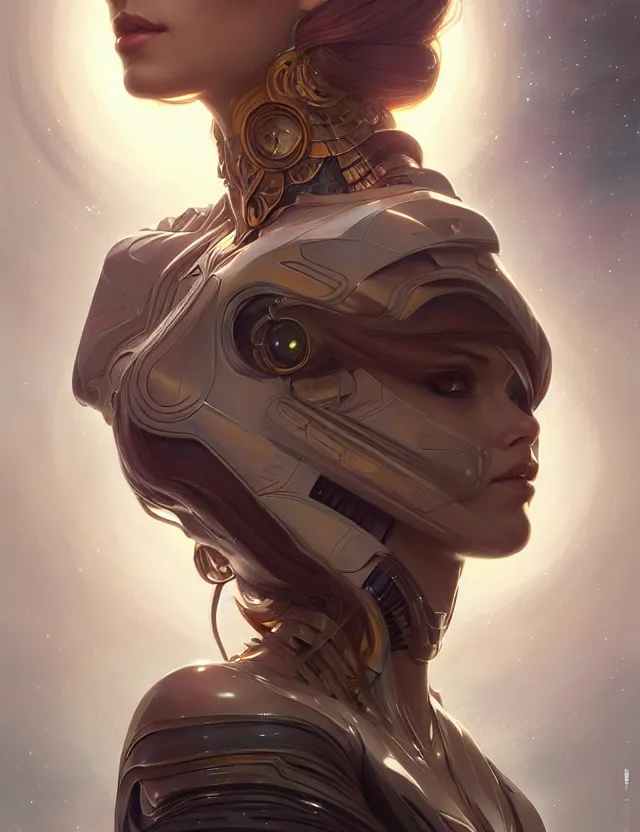 Image similar to futuristic woman portrait, sci-fi, amber eyes, face, long hair, fantasy, intricate, elegant, highly detailed, digital painting, artstation, concept art, smooth, sharp focus, illustration, art by artgerm and greg rutkowski and alphonse mucha