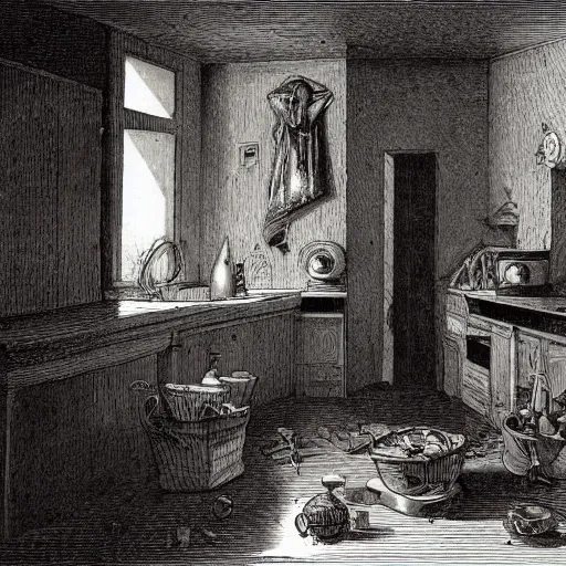 Prompt: kitchen of an abandonded house, illustration by Gustav Doré, Chiaroscuro