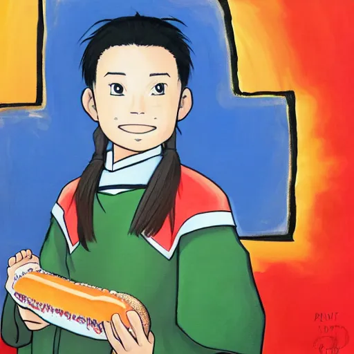 Image similar to a painting portrait of the last airbender in an arsenal jersey holding a hot dog,