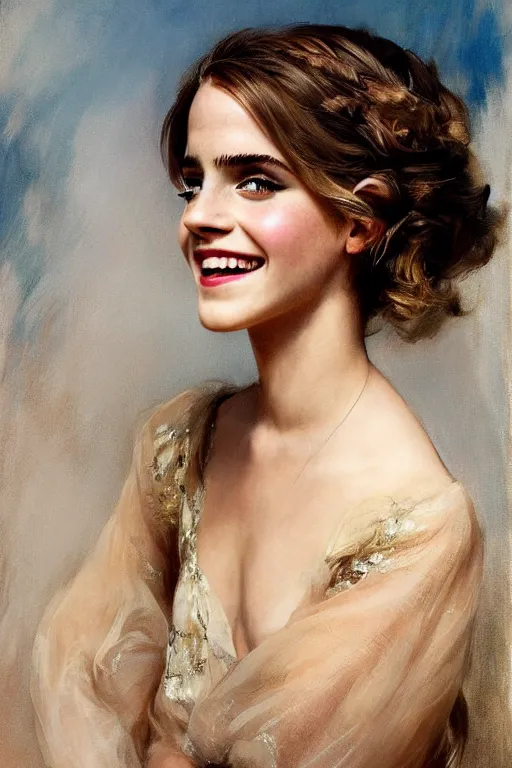 Image similar to emma watson smiling silk gown gaston bussiere craig mullins j. c. leyendecker richard avedon peter lindbergh