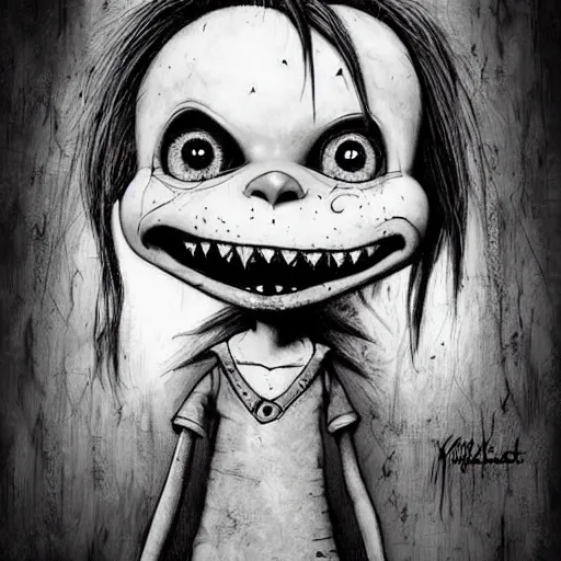 Image similar to grunge cartoon drawing of a cute chucky smiling by - michael karcz , in the style of corpse bride, loony toons style, horror themed, detailed, elegant, intricate