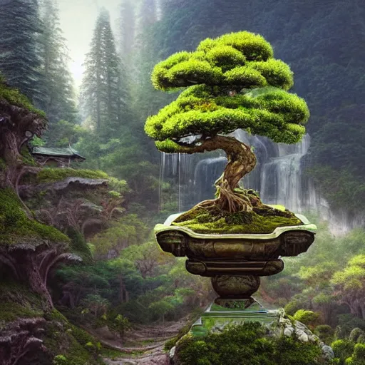 Image similar to A beautiful hyper realistic detailed matte painting of a bonsai tree shaped temple nestled in forest mountains by John Howe and Albert Bierstadt and Alena Aenami and dan mumford and dave noton, unreal engine, trending on behance