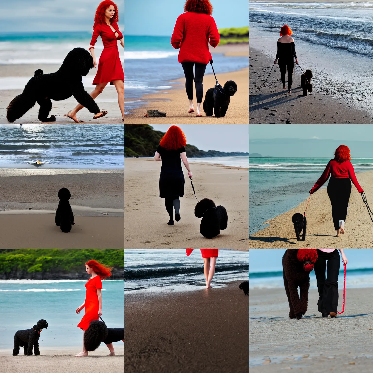 Prompt: red - haired woman walking her black poodle on the beach