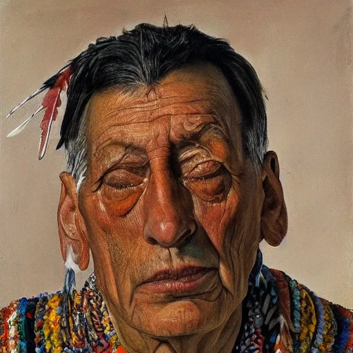 Image similar to high quality high detail painting by lucian freud, hd, portrait of an aztec priest with feathers, photorealistic lighting