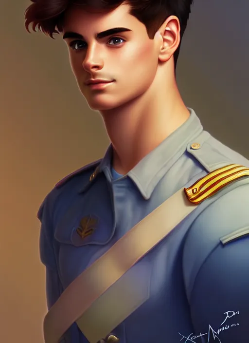 Image similar to cute navy cadet chris mears, natural lighting, path traced, highly detailed, high quality, digital painting, by don bluth and ross tran and studio ghibli and alphonse mucha, artgerm