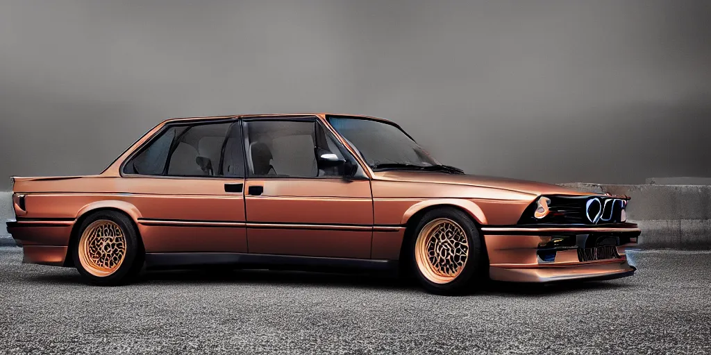 Prompt: a bmw e30, designed by Polestar, blade runner background, stained antique copper car paint, black windows, sport car, dark show room, dramatic lighting, hyper realistic render, depth of field