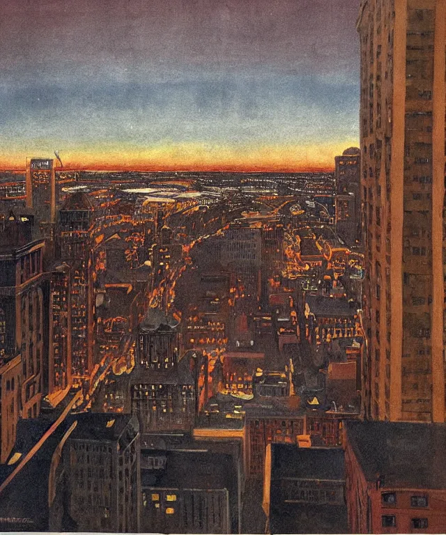 Image similar to horrifying full color photorealistic painting of the view from a 1 9 2 5 a warped view of downtown boston in 1 9 2 5 at night with a cosmic sky viewed from a hotel balcony, dark, atmospheric, brooding, smooth, finely detailed, cinematic, epic, in the style of paul carrick