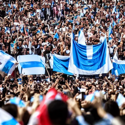 Image similar to Lady Gaga as president, Argentina presidential rally, Argentine flags behind, bokeh, giving a speech, detailed face, Argentina