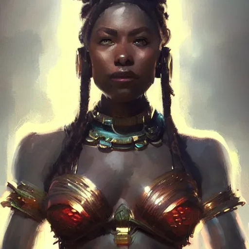 Image similar to a beautiful portrait of a iron goddess by greg rutkowski and raymond swanland, afrofuturism, trending on artstation, ultra realistic digital art