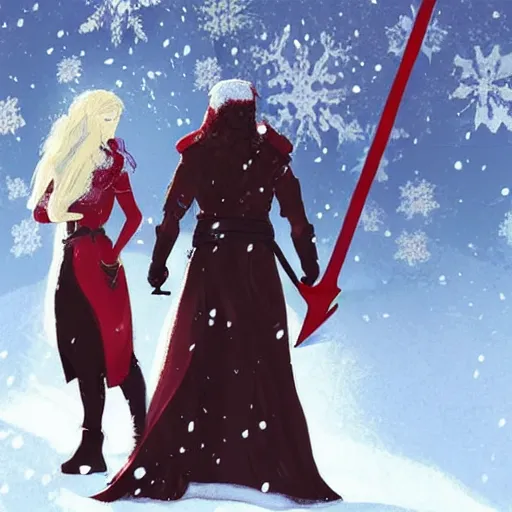 Image similar to A woman and a man are standing in the snow, the woman is leaning against the man, the man has long red hair, the woman has blonde long hair, the man has a red thick sword, the woman has a thin, long sword, a tree almost fully covered in bulky snow, concept art by Fabien Charuau, trending on pixiv, fantasy art, official art, wiccan, concept art, 4k, sharp details