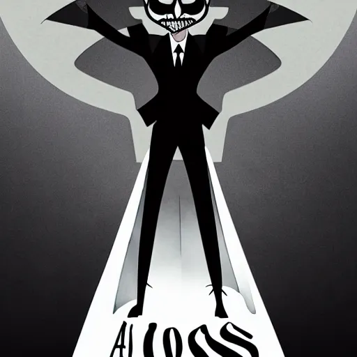 Image similar to a demon boss, short, bowlegged, dark skin, crosseyed, short black hair with a streak of white, black pants, white dress shirt, black covid mask