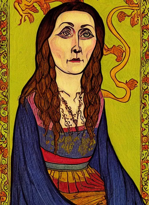 Prompt: portrait of a woman from a scary slavic tale ; ivan bilibin style ; 8 k ; sharp focus