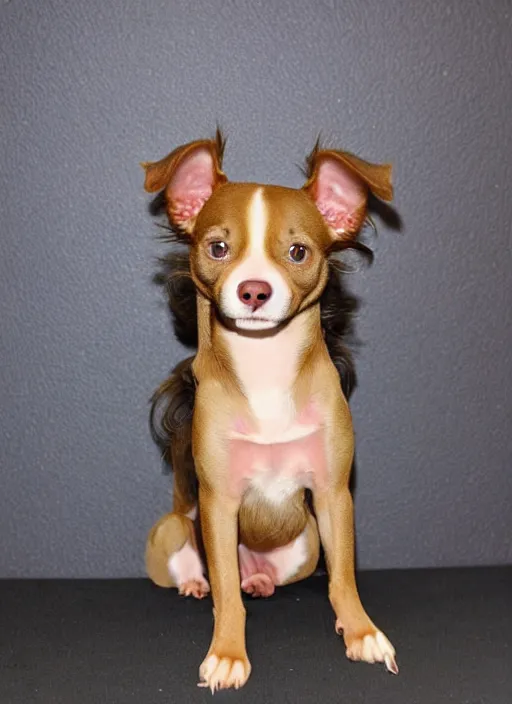 Image similar to fully grown tan pit bull, long - haired chihuahua, pomeranian mix