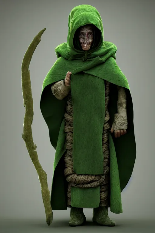 Image similar to A cute shaman with no nose, glowing eyes and a very long hooded dark green cloak of leaves by Julien Kaspar, 3D render, stylized, Cycles Render