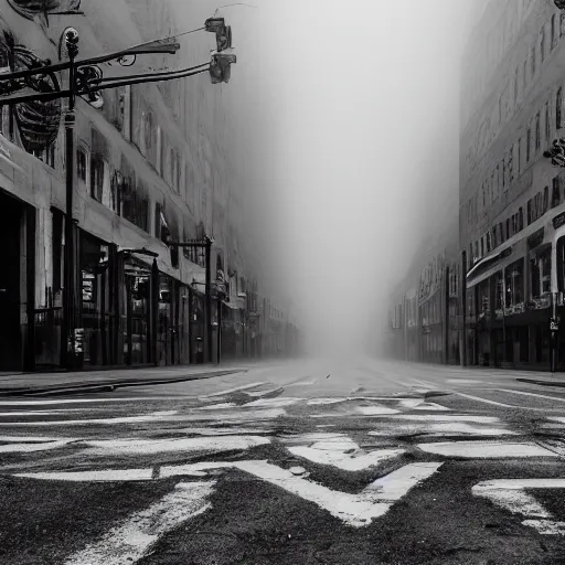 Image similar to empty streets of the void, real photography, black and white, foggy