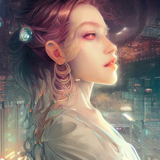 Prompt: portrait futuristic goddess at future neon light tokyo rooftop, sci - fi and fantasy, intricate and very very beautiful and elegant, highly detailed, digital painting, artstation, concept art, smooth and sharp focus, illustration, art by tan zi and ayanamikodon and alphonse mucha and wlop