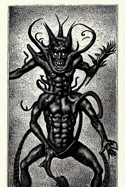 Image similar to the fresno nightcrawler, as a demon from the dictionarre infernal, pen - and - ink illustration, etching by louis le breton, 1 8 6 9, 1 2 0 0 dpi scan, ultrasharp detail, hq scan, intricate details, stylized border