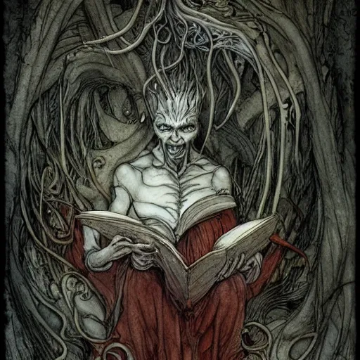 Prompt: a transparent human man ghost is reading a scary book that has come to life with sharp teeth and slimy tentacles emerging from the pages, by james jean and Brian Froud and Jean-baptiste monge, Arthur Rackham, colorful, artstation, unreal engine, 8K, CGSociety, realistic materials, photo-realistic, postprocessing, 4k ultra HD photograph