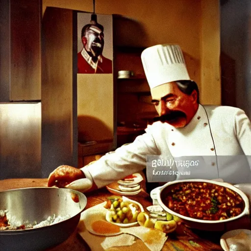 Image similar to Beautiful Food photography of Joseph Stalin Joseph Stalin in the kitchen making Gulash