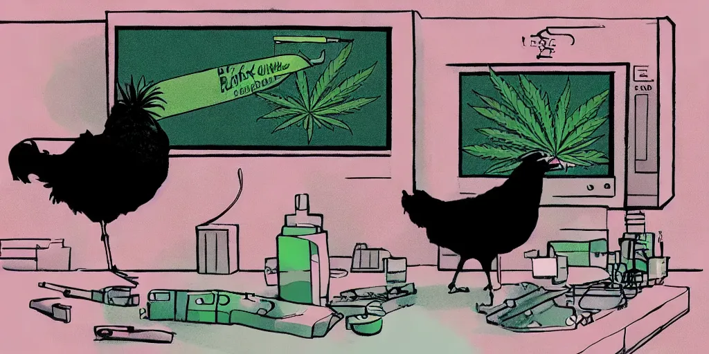 Image similar to 'black chicken'!!! smoking 'cannabis'!!!!!! in front of 'audio console'!!!! and 'multi monitors'!!!! 'in a hi-tech tv broadcasting studio'!!!!, artwork by James Gilleard