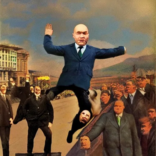 Prompt: realistic photo lenin backflips applauds