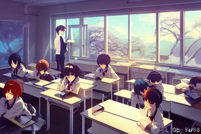 boy's love anime modern high school classroom in, Stable Diffusion