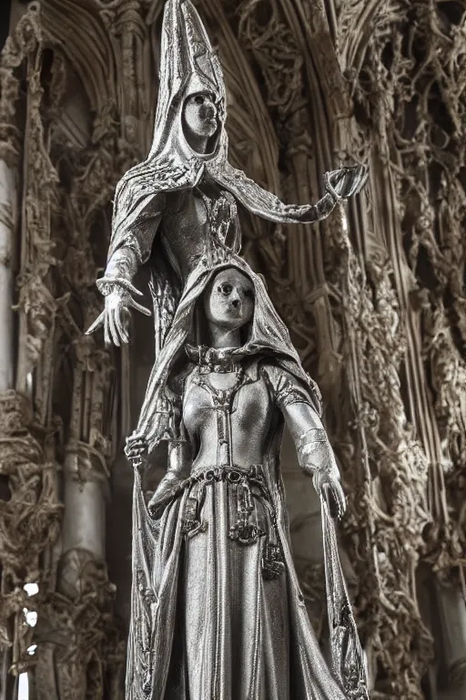 Image similar to a cinematic view of a ornated intricate gothic sacred statue of medieval maiden wizard made in light concrete, with few ornaments in shiny polished chrome, sculpted by hedi xandt and gaudi