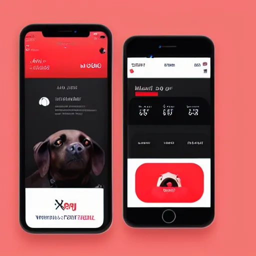 Image similar to a full ux layout of a mechanical dog dashboard and marketplace mobile app for ios with a black and red theme.