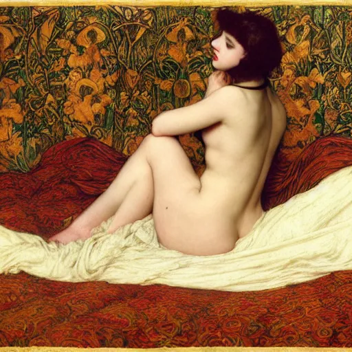 Image similar to preraphaelite photography reclining on bed, a hybrid of judy garland and a hybrid of lady gaga and anne hathaway, aged 2 5, big brown fringe, wide shot, yellow ochre ornate medieval dress, john william waterhouse, kilian eng, rosetti, john everett millais, william holman hunt, william morris, 4 k