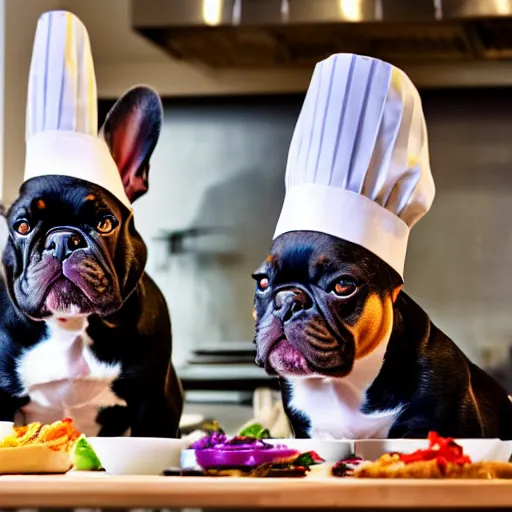 Image similar to a 8k highly detailed still photo by David Bailey of Two multi-colored French Bulldogs in chef hats and aprons starring on a cooking show, a high end restaurant kitchen in the background, bokeh