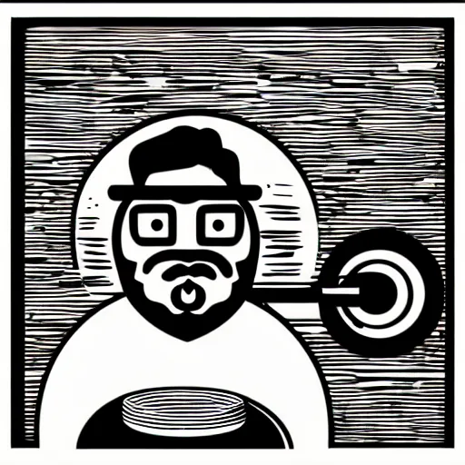 Image similar to bearded man turning bowl on woodlathe, machinery, vector art, simple, clean, monochromatic, woodturning