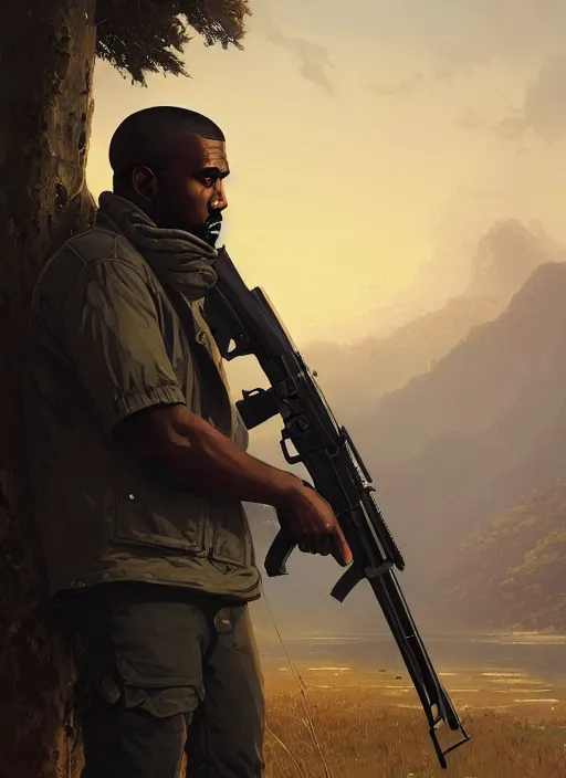 Prompt: highly detailed portrait kanye west holding rifle in gta v stephen bliss unreal engine fantasy art by greg rutkowski loish rhads ferdinand knab makoto shinkai lois van baarle ilya kuvshinov rossdraws tom bagshaw global illumination radiant light detailed intricate environment