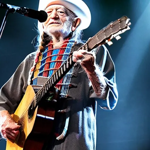 Image similar to willie nelson on stage, detailed image, four fingers holding guitar. god rays through fog.