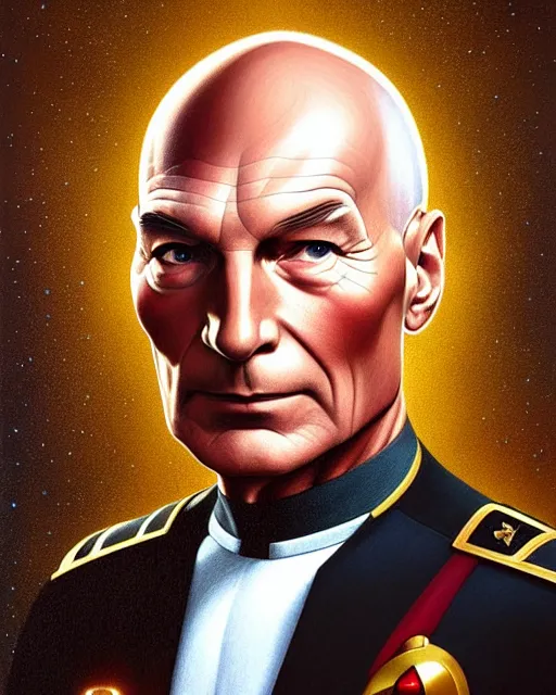 Image similar to symmetry portrait of captain picard in captain's uniform, tng, forest, intricate, elegant, highly detailed, digital painting, artstation, concept art, smooth, sharp focus, illustration, art by artgerm and greg rutkowski and fra angelico and alphons mucha