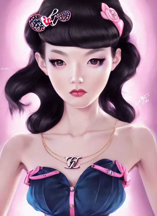 Image similar to a pin up and beautiful fashion dreamlke japan girl with lv jewelry, character art, art by artgerm, wlop, loish, hyperdetailed, 8 k realistic, symmetrical, global illumination, radiant light, frostbite 3 engine, cryengine, dof, trending on artstation, digital art, chanel, dior, detailed background