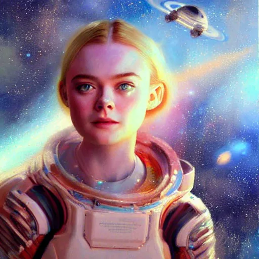 Prompt: a striking hyper real painting of Elle Fanning in space by Craig Mullins