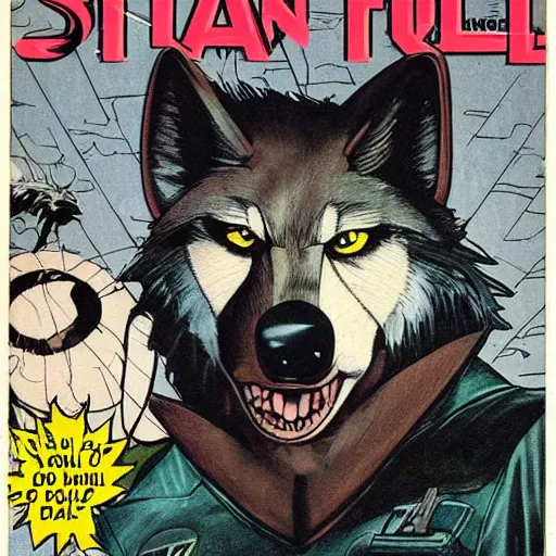 Prompt: 1 9 8 0 s comic book cover scan featuring a portrait of villain male wolf o'donnell anthropomorphic wolf furry fursona from starfox wearing a dark leather space mercenary uniform, fluffy eyebrows, dark grey wolf, wolf o'donnell, magazine scan, 1 9 8 0 s artwork scan