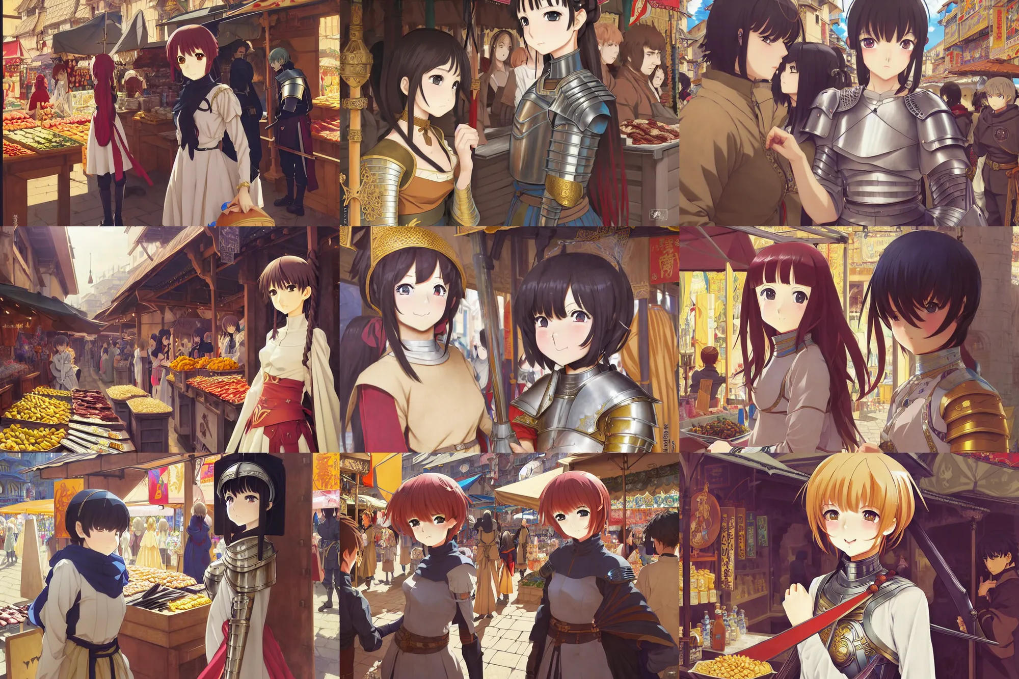 Prompt: anime visual, a young female knight in armor at a medieval open air market exterior shopping at a stall, cute face by ilya kuvshinov, yoh yoshinari, makoto shinkai, dynamic composition, dynamic perspective, cel shaded, flat shading mucha, rounded eyes, moody, detailed facial features, psycho pass, lomography, gustav klimt